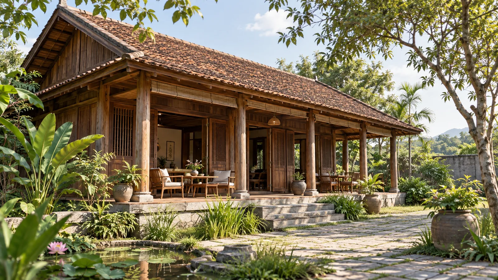 Mẫu bungalow gỗ có hiên che
