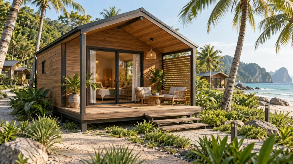 Nhà camping có hiên che tại khu vườn ven biển