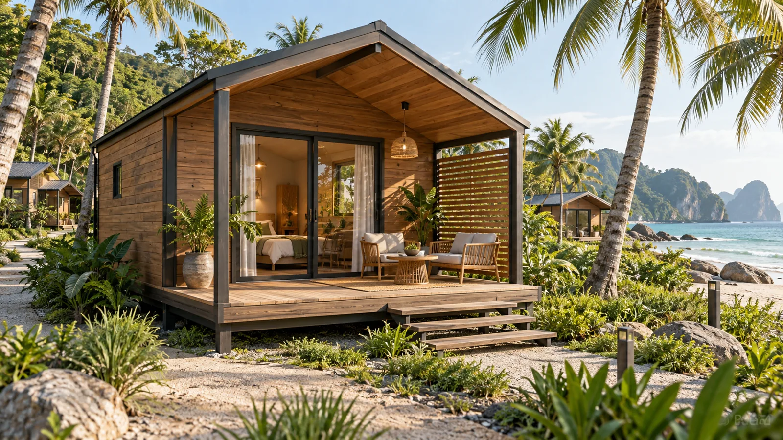 Nhà camping có hiên che tại khu vườn ven biển