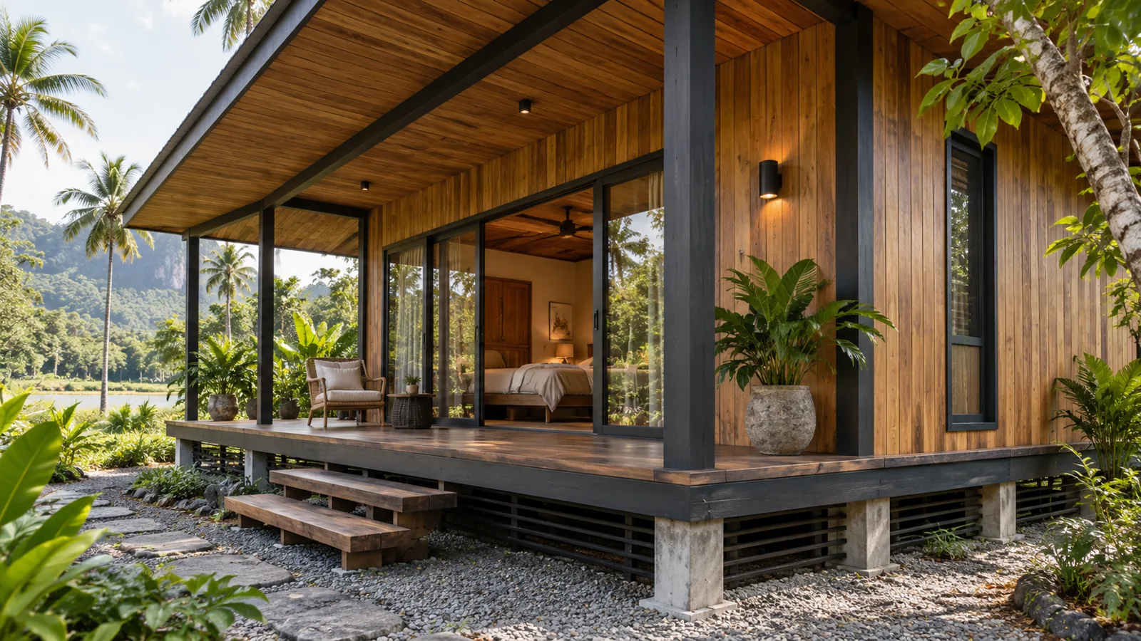 Vách gỗ dưới mái đua và chân sàn thoáng