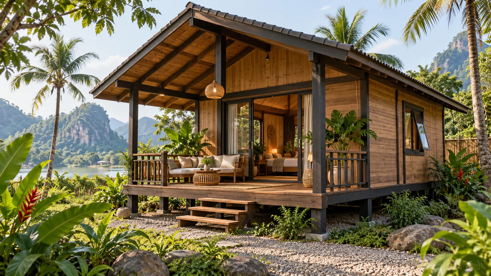 Mẫu bungalow gỗ với sân hiên râm mát