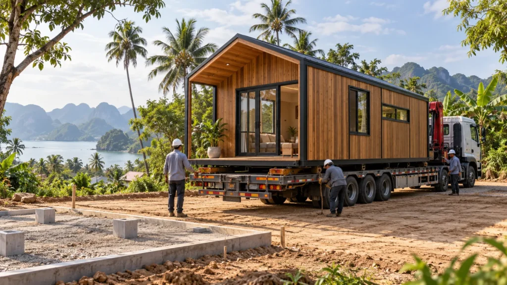 Nhà module và phương tiện tại khu vực bàn giao