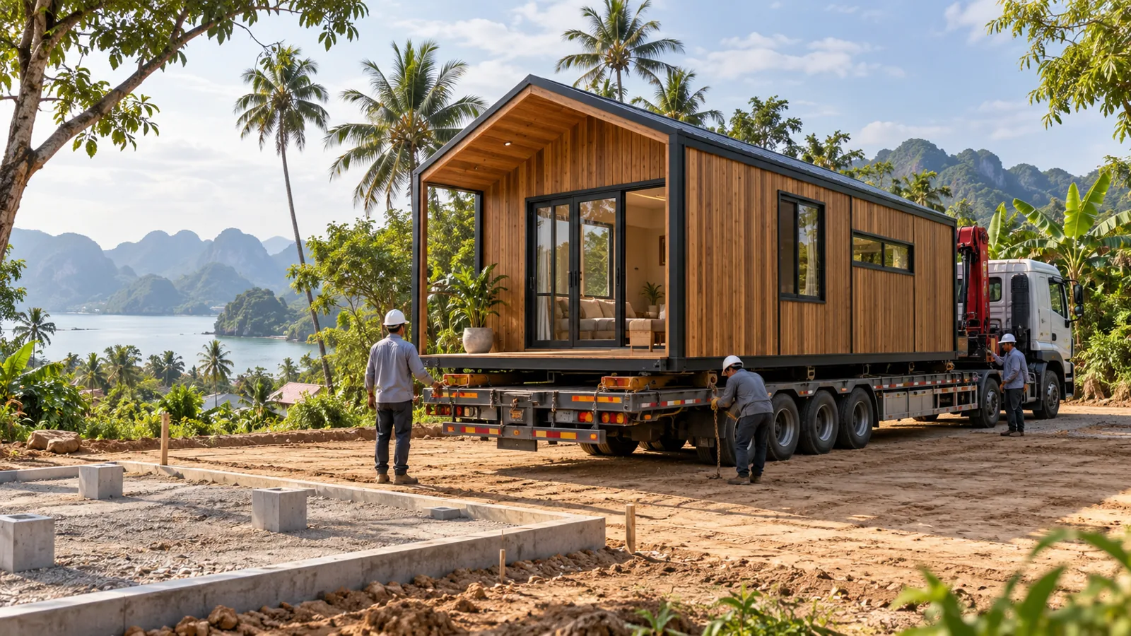 Nhà module và phương tiện tại khu vực bàn giao