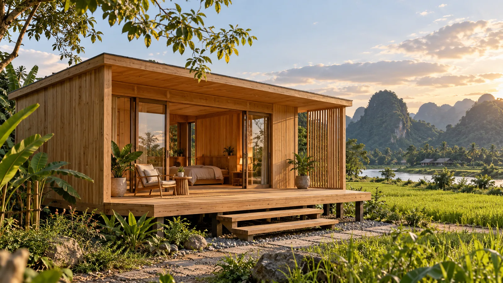 nhà gỗ chữ nhật đơn giản