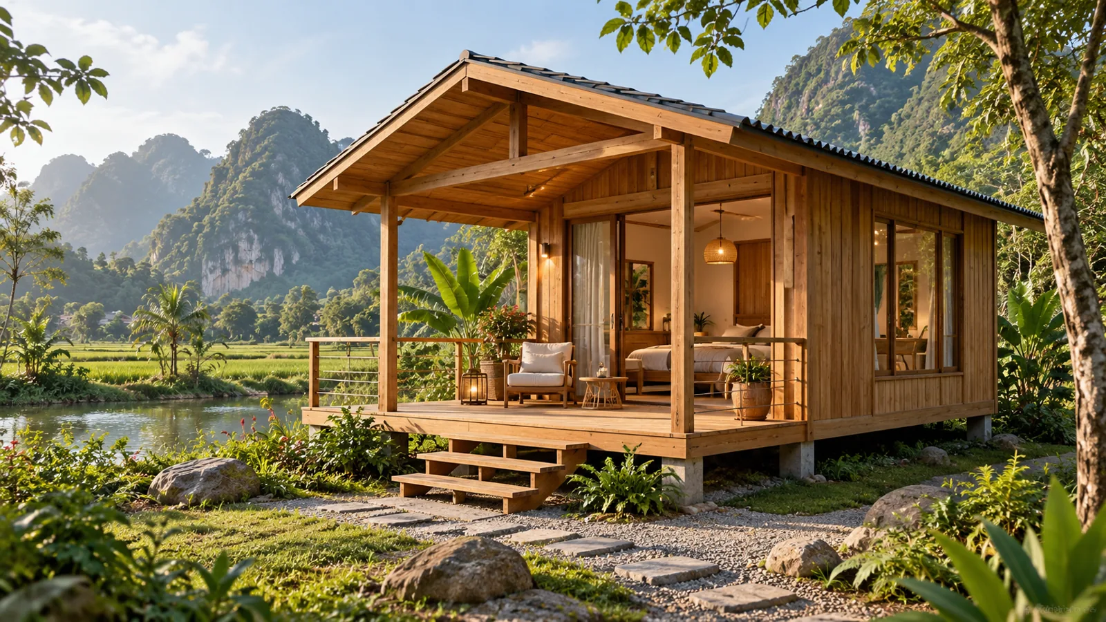nhà gỗ gọn có hiên