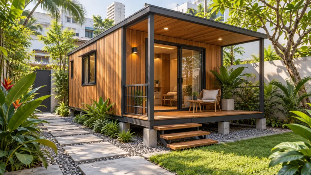 Nhà gỗ nhỏ với hiên che nắng và lối tiếp cận thông thoáng