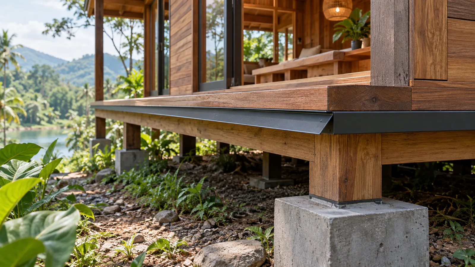 Chân sàn được nâng khỏi nền với mép thoát nước