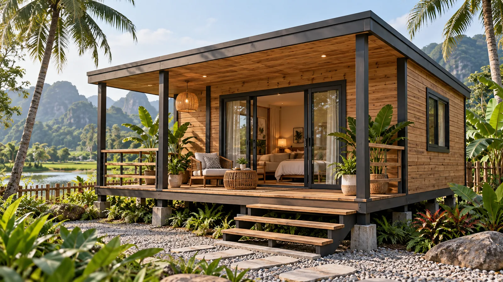 Mẫu nhà gỗ chữ nhật với hiên phía trước