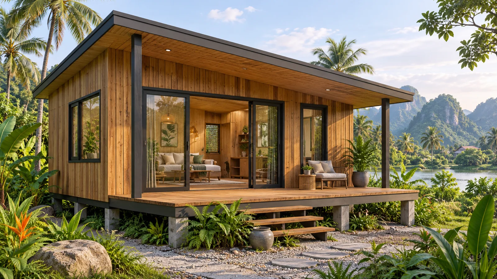 Mẫu nhà gỗ hiện đại trên chân đỡ