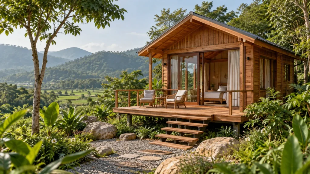 Phối cảnh căn homestay gỗ trong khu đất xanh