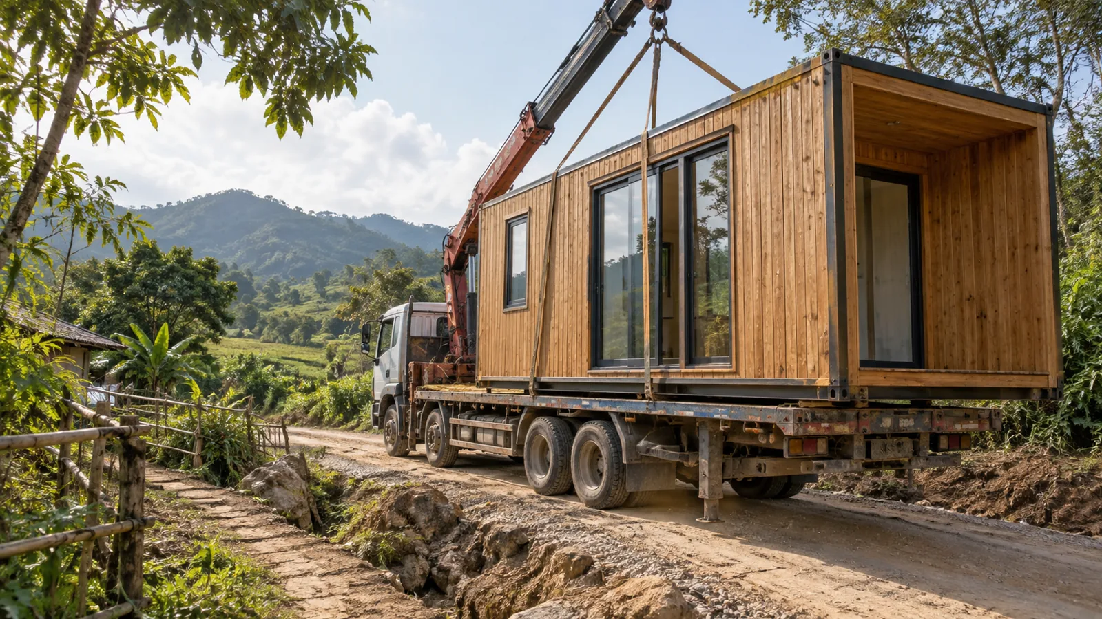 Chuẩn bị bốc dỡ module trên tuyến đường vào