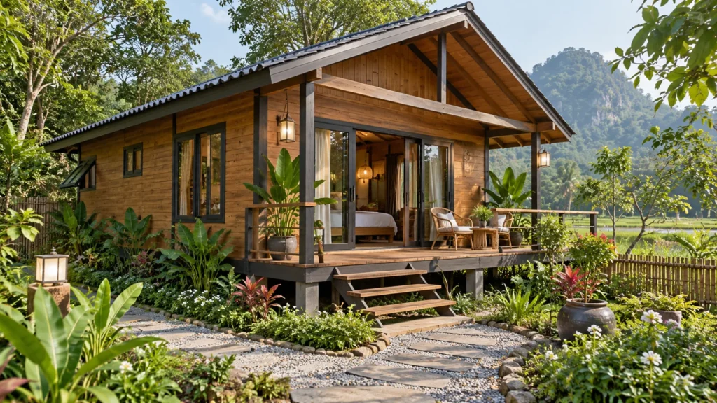 Nhà gỗ homestay với hiên nâng nền và lối đi gọn