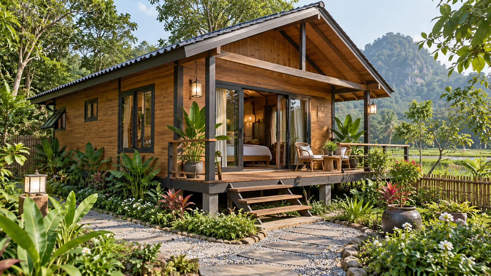 Nhà gỗ homestay với hiên nâng nền và lối đi gọn