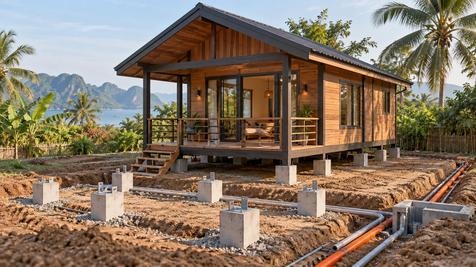 Vị trí đỡ nhà và tuyến điện nước bên ngoài