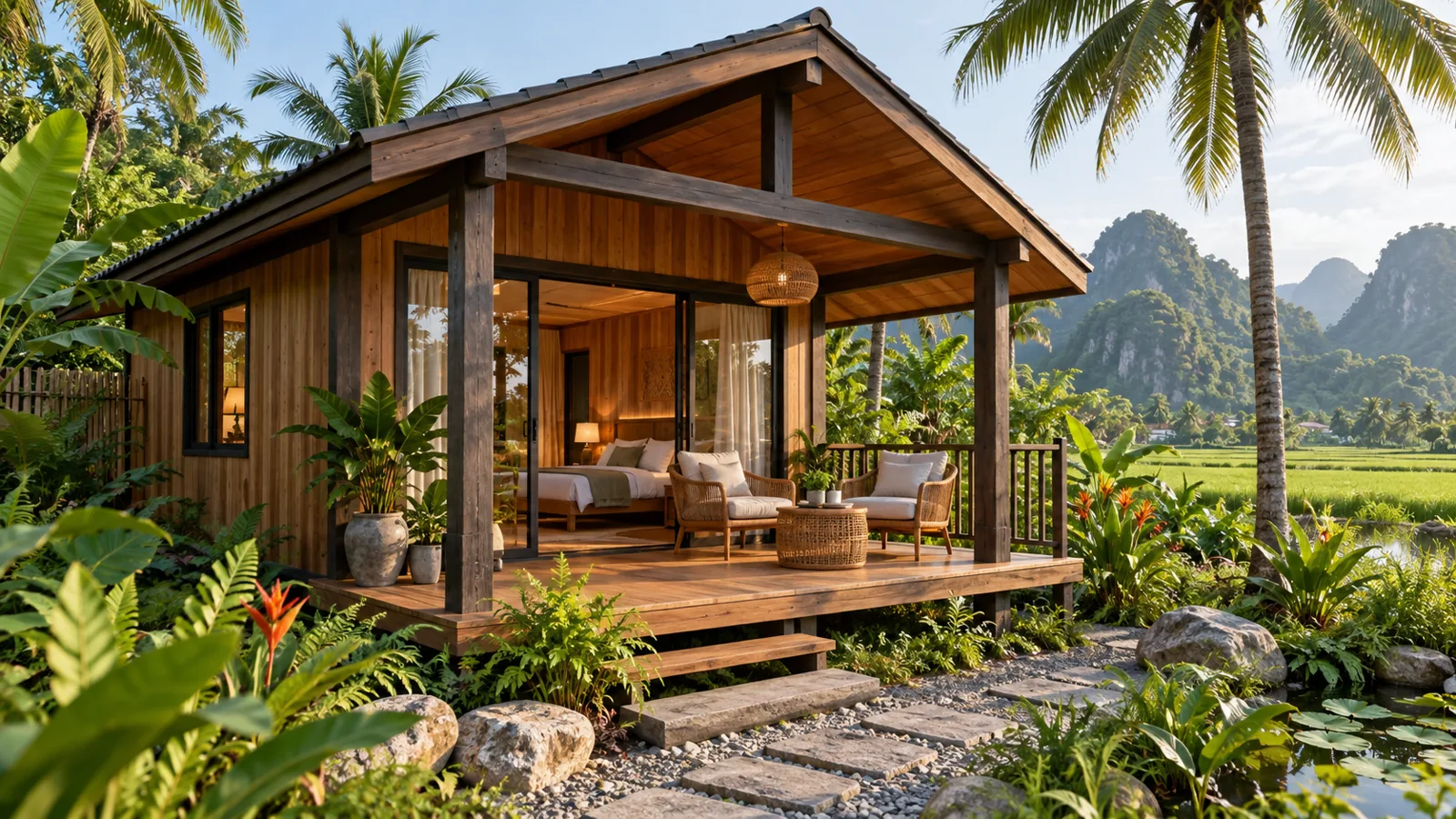 Mẫu căn nghỉ có hiên được che mái