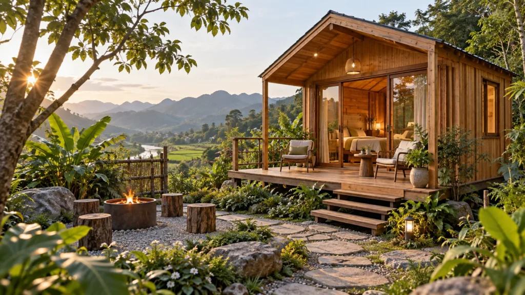 căn nhà gỗ homestay giữa khu vườn