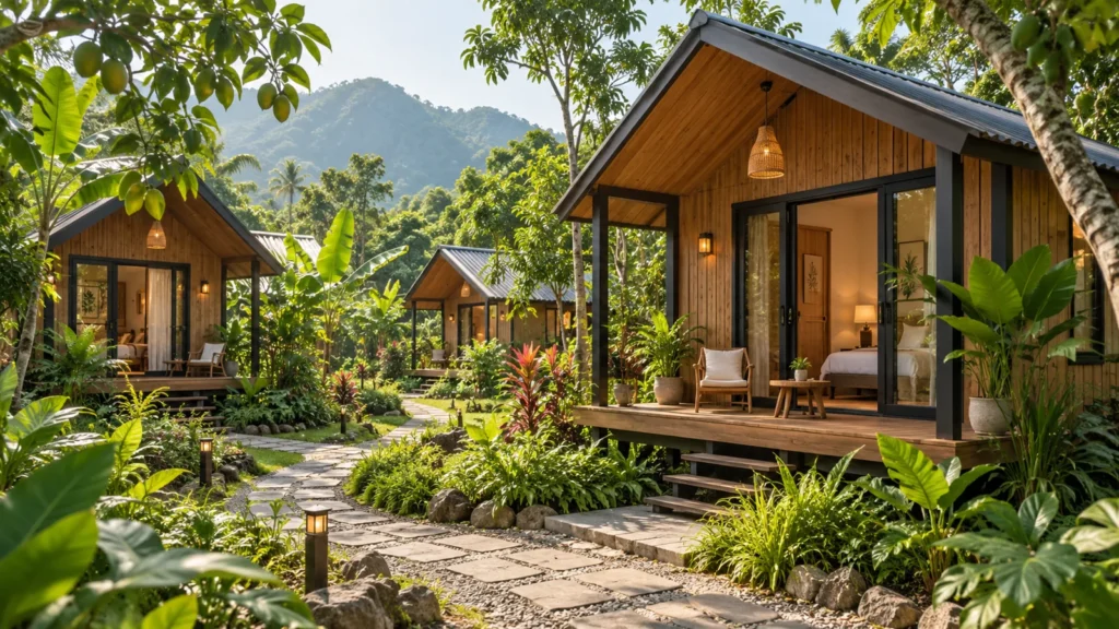 Các căn homestay được bố trí quanh lối đi trong vườn