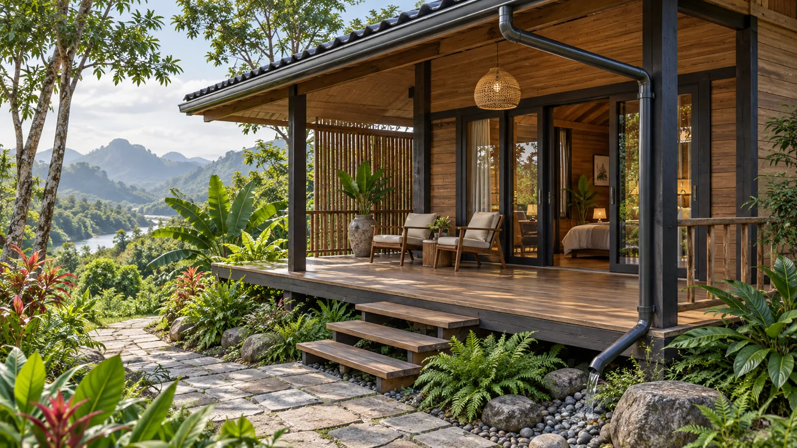 Hiên nhìn ra vườn và mái che lối tiếp cận