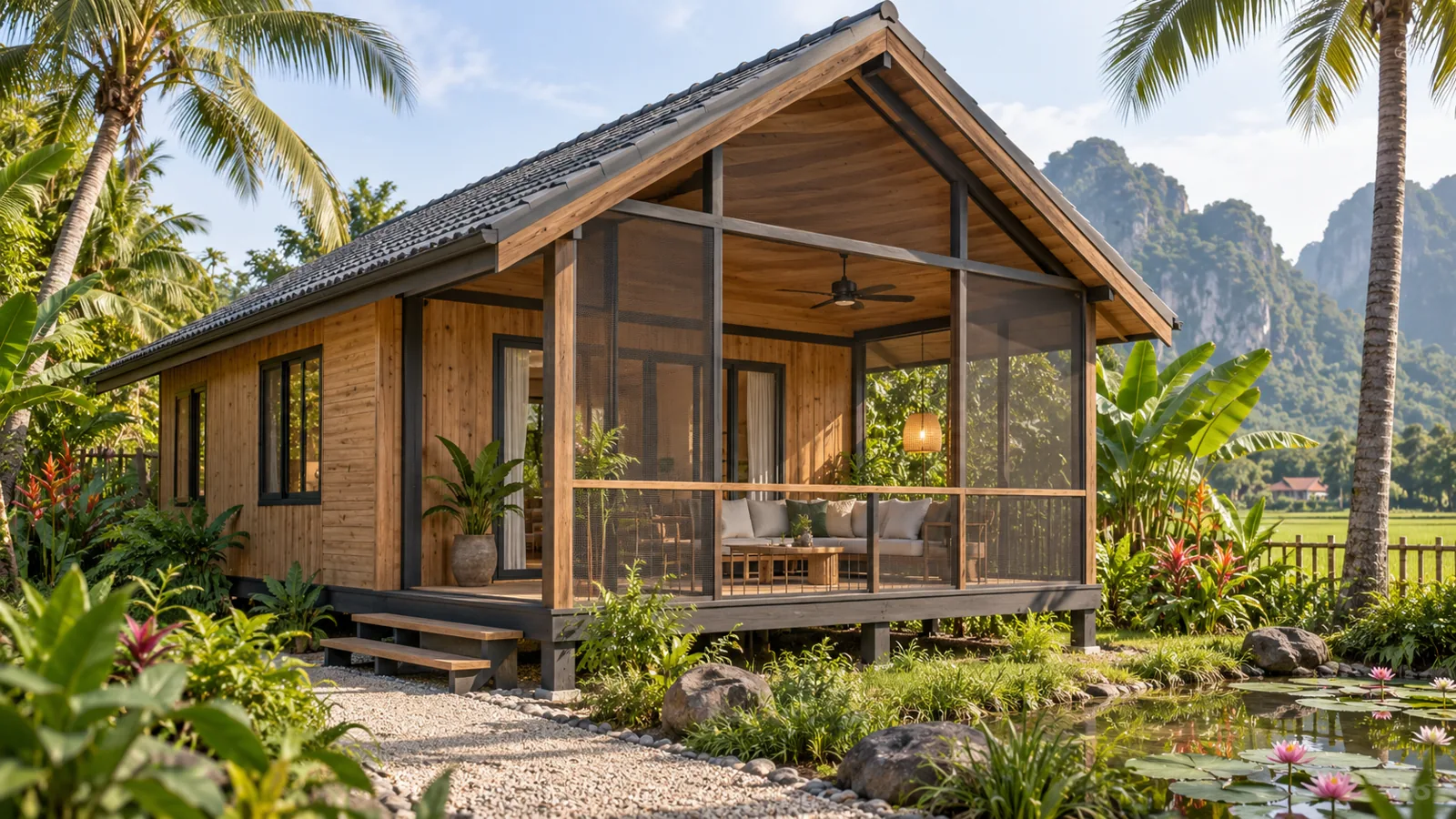 Mẫu bungalow mái dốc và hiên có vách che