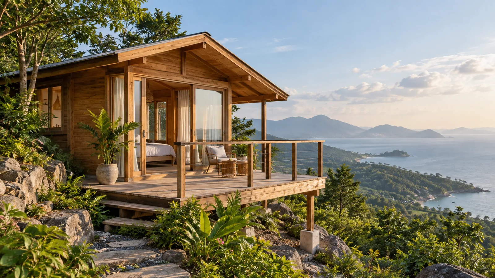 Phối cảnh nhà gỗ homestay trên khu đất có hướng nhìn mở