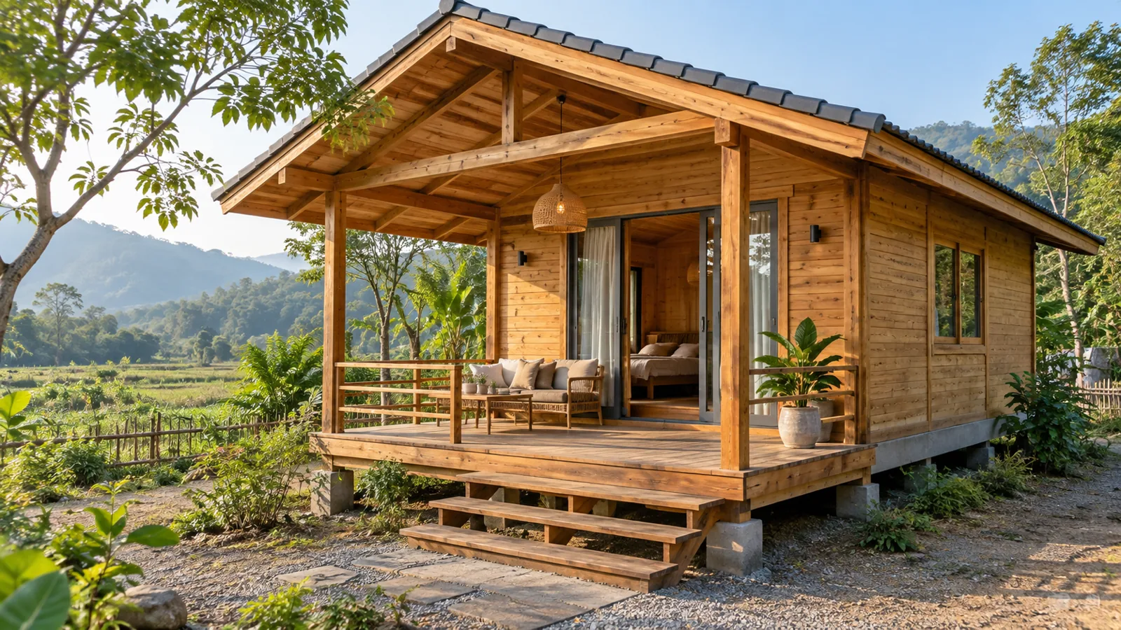 Mẫu bungalow gỗ có mái và hiên che nắng