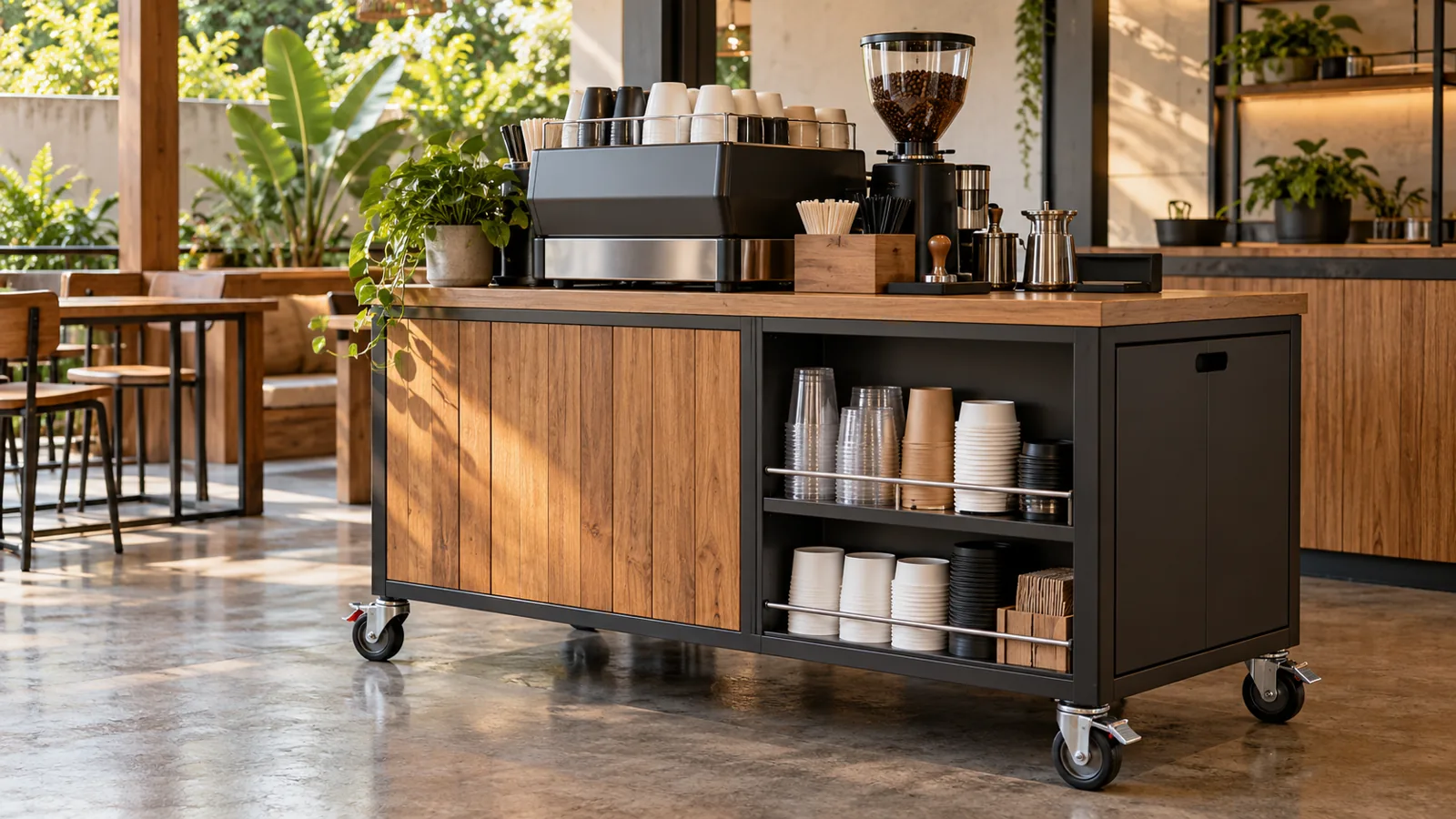 Quầy nước gọn có bánh và kho chứa ly