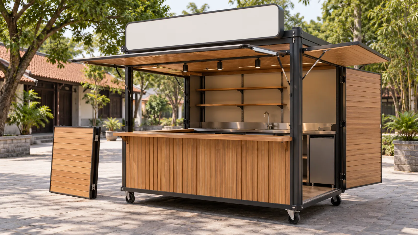 Mẫu booth có tấm tháo và biển thay