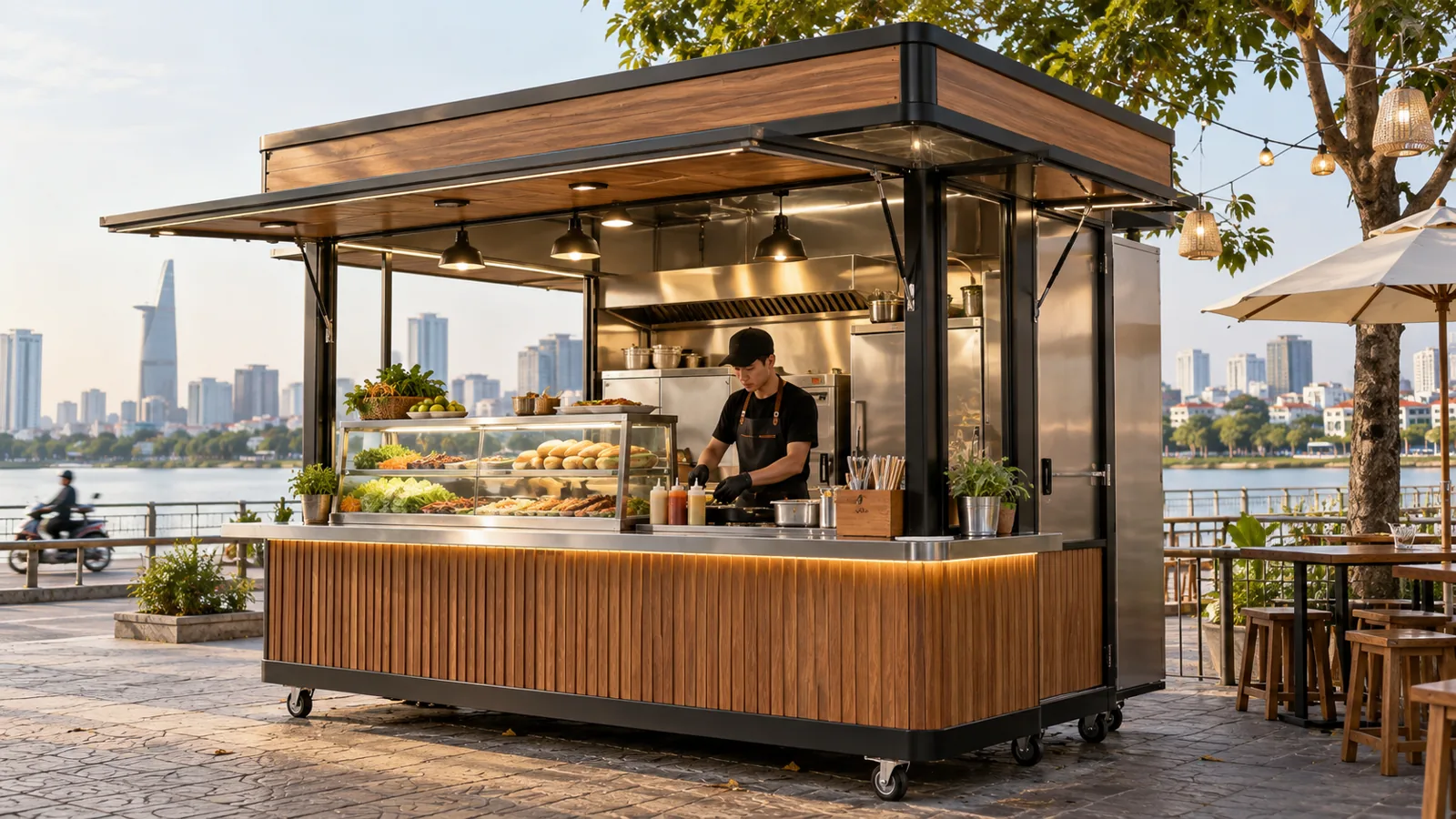 Quầy đồ ăn nhanh với cửa giao món rõ ràng