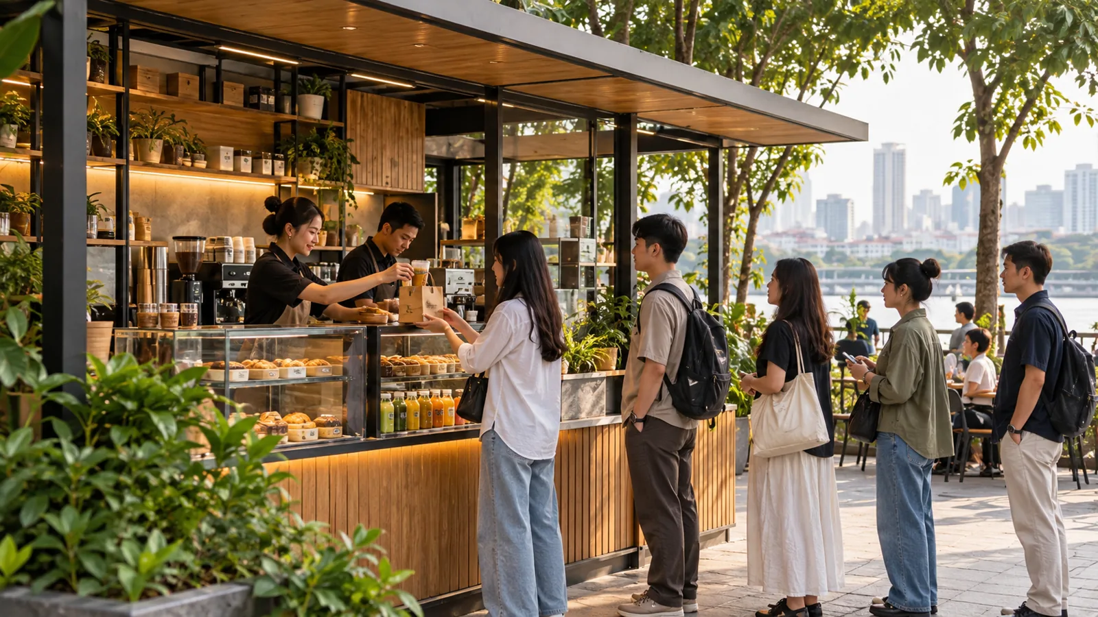 Kệ nhận món và nơi khách xếp hàng