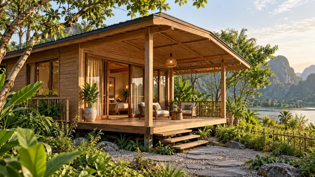 Bungalow gỗ với hiên có bóng mát