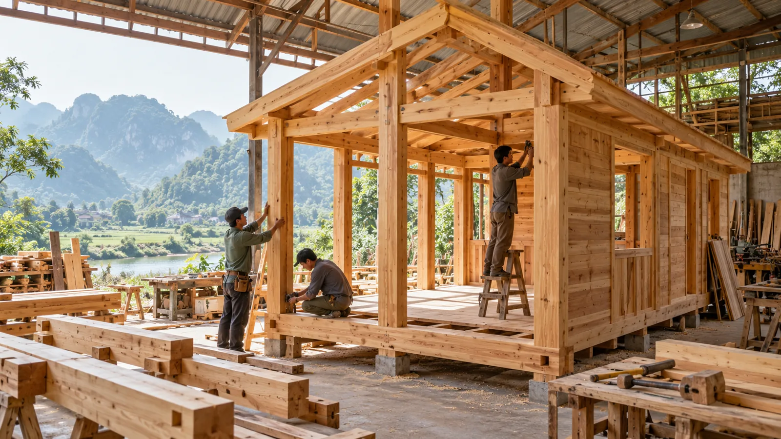 Lắp khung nhà gỗ trước hoàn thiện