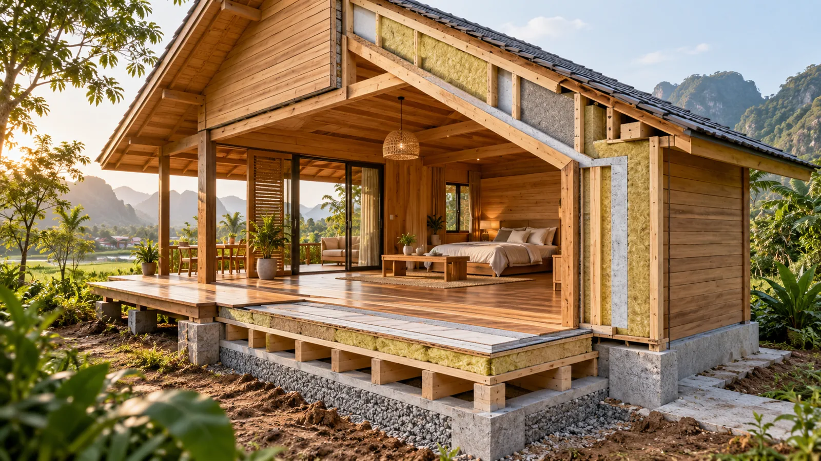 Các lớp sàn, vách và mái bungalow