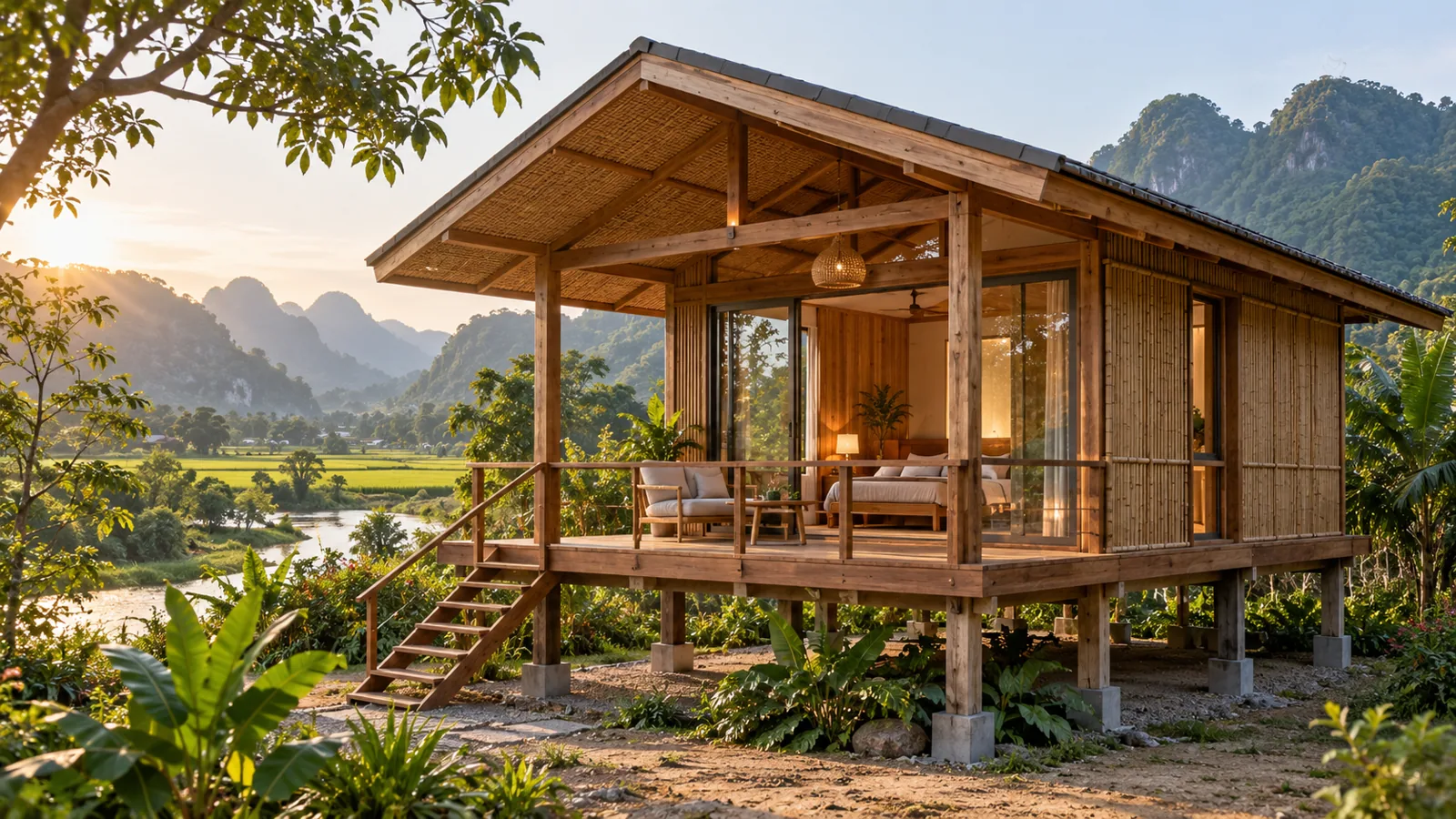 bungalow nâng sàn với hiên