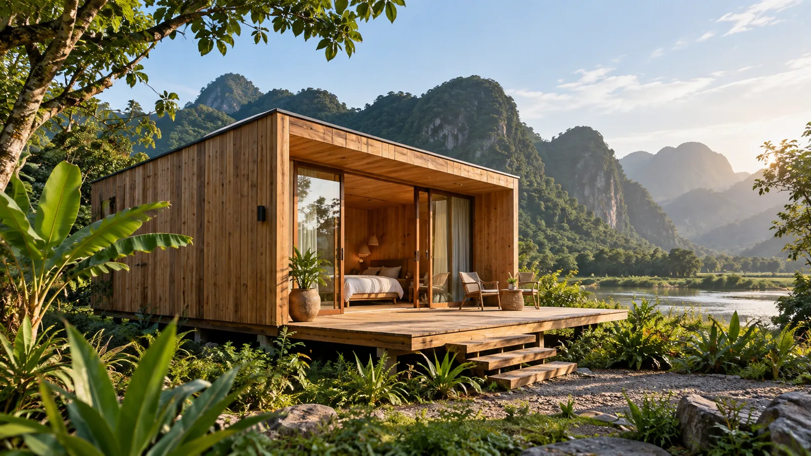 nhà gỗ chữ nhật đơn giản