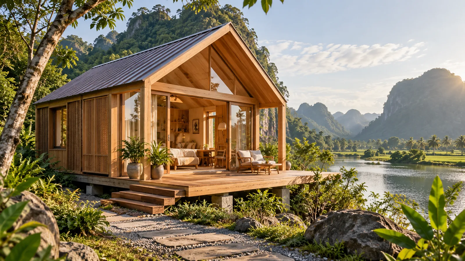 nhà gỗ mái dốc gọn