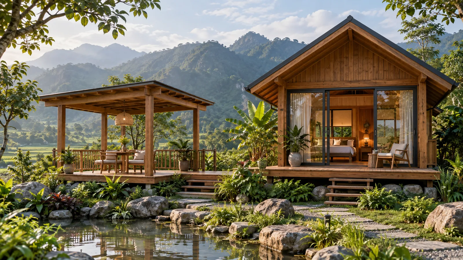 nhà gỗ có hiên riêng