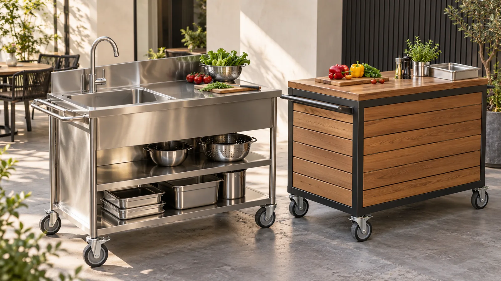 Bồn rửa trên quầy inox và quầy ốp gỗ