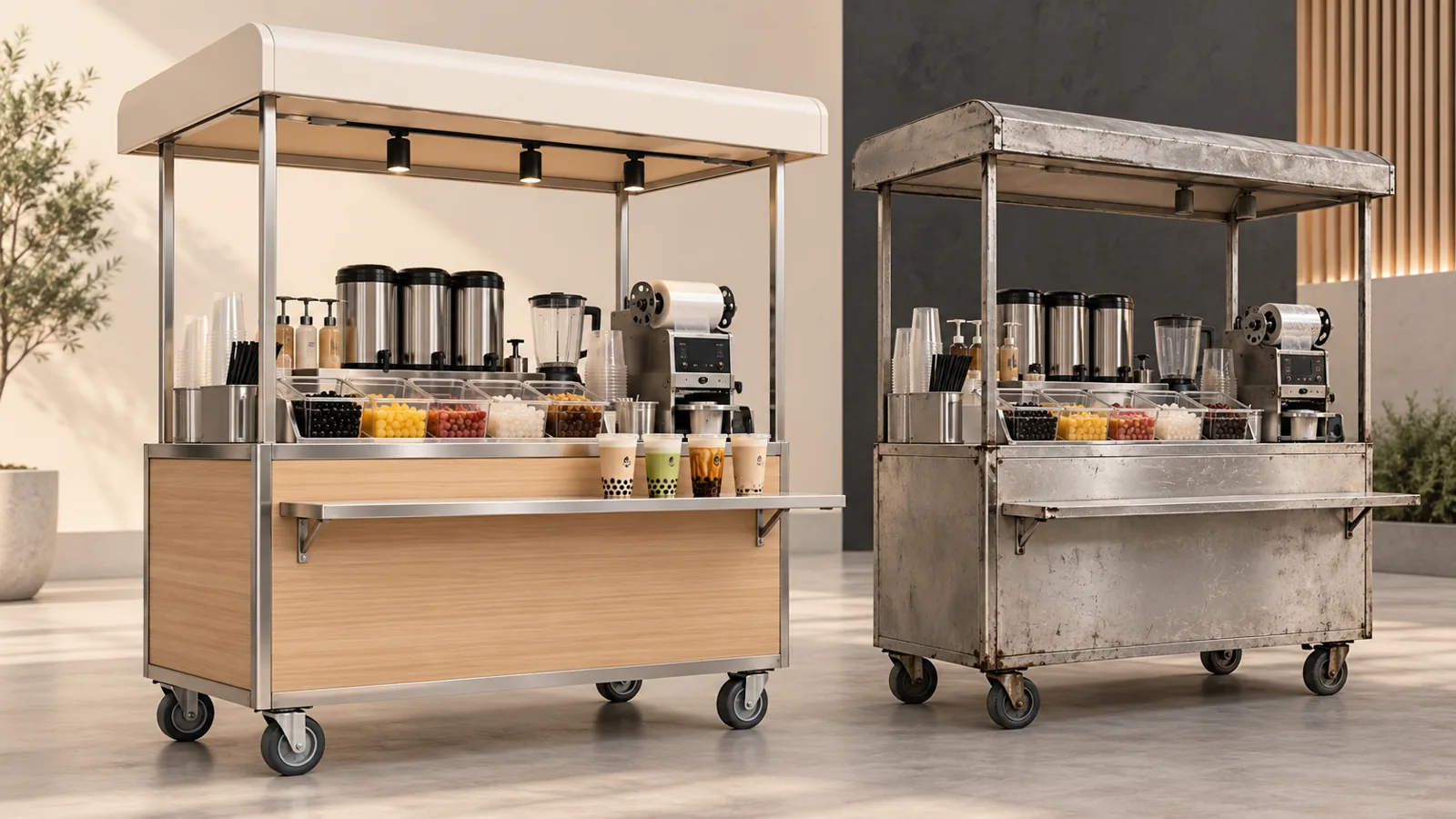 Mẫu quầy đồ uống với mặt thao tác và khoang chứa