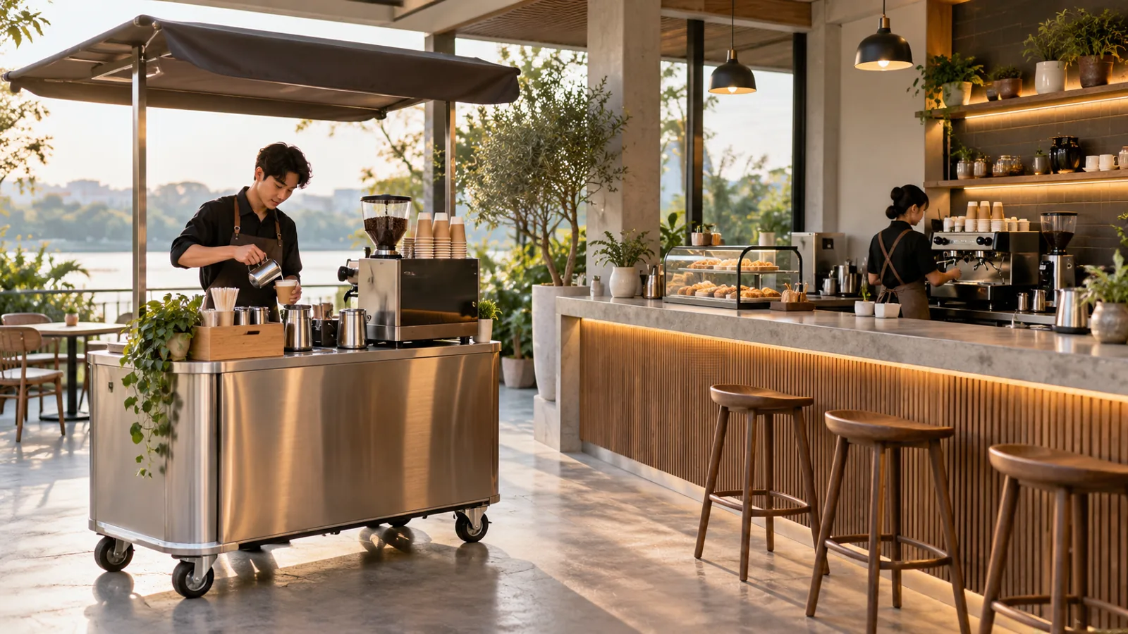 Xe có bánh cạnh quầy cà phê cố định