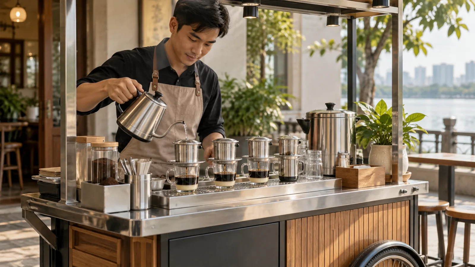 Phin, nước nóng và khay hứng trên quầy
