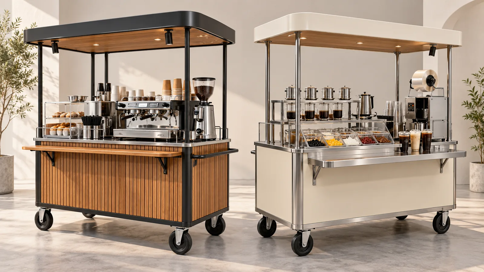 Mẫu quầy đồ uống với mặt thao tác và khoang chứa